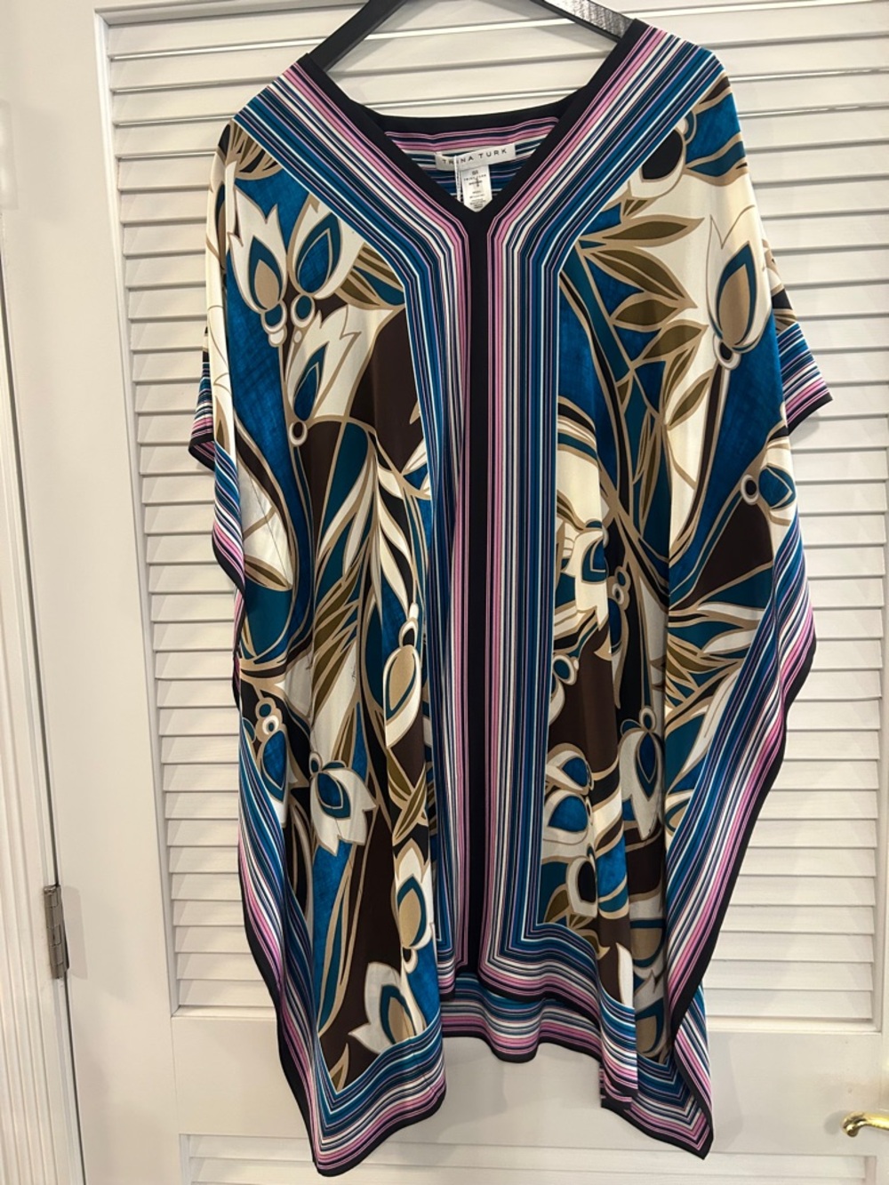 Trina Turk Blue, Cream & Brown Printed V-Theodora 100% Silk Dress